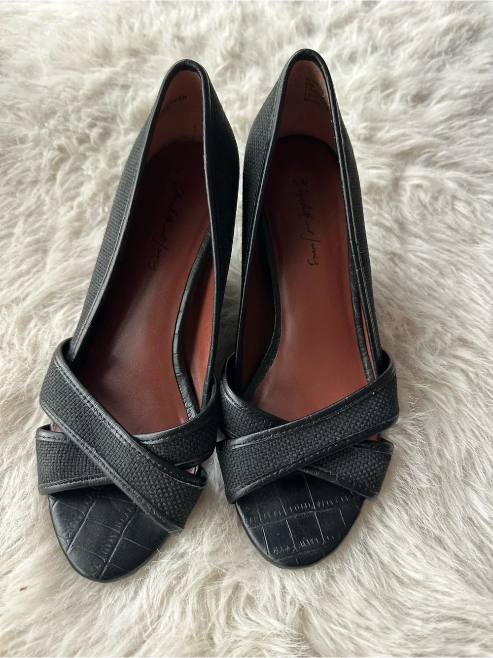 Elizabeth and James Black Textured Wedge Peep-Toe Pumps 6